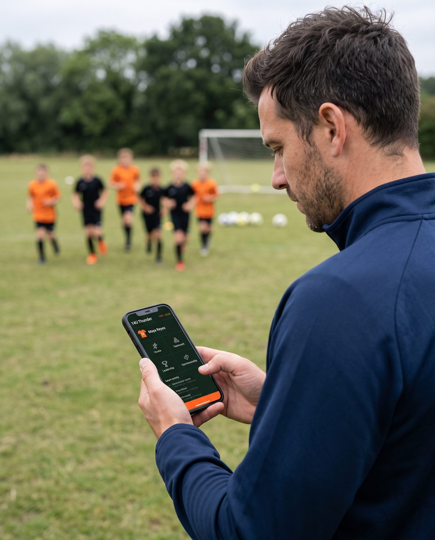 A coach on the sideline checking a player's stats on his phone during practice