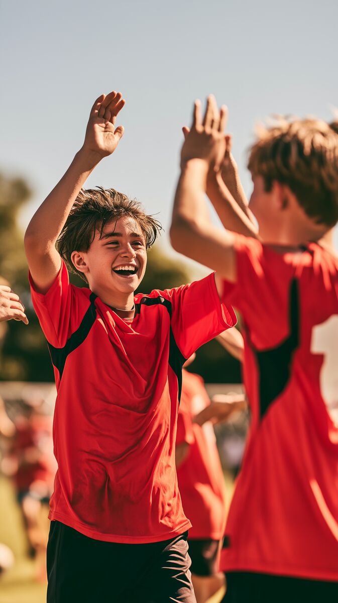 Preteen soccer players high-fiving each other on the field